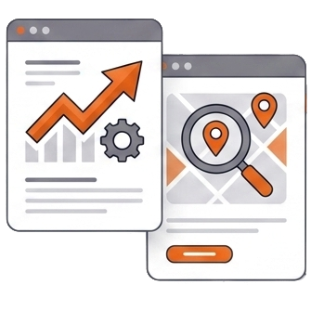 An orange and grey abstract vector graphic showing two stylised browser windows representing business growth charts, optimisation gears, and local SEO map tracking.