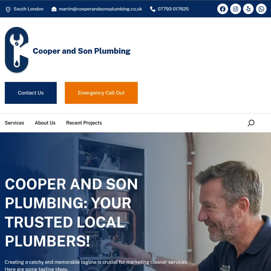 A screenshot of the Cooper and Son Plumbing homepage website template. The top header displays a dark blue bar with contact info and social media icons, sitting above a white section featuring a blue wrench logo and navigation links. Below, a large hero section shows a banner image of a heating engineer inspecting an open boiler panel, overlaid with the bold text "COOPER AND SON PLUMBING: YOUR TRUSTED LOCAL PLUMBERS!".